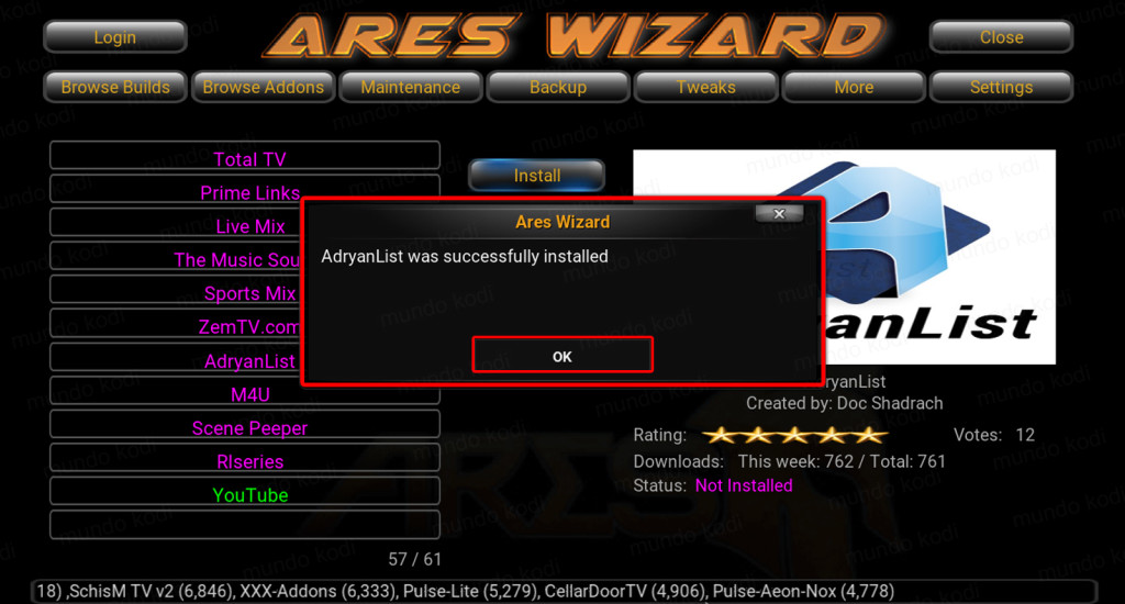 AdryanList con Ares Wizard. 4 addon instalado