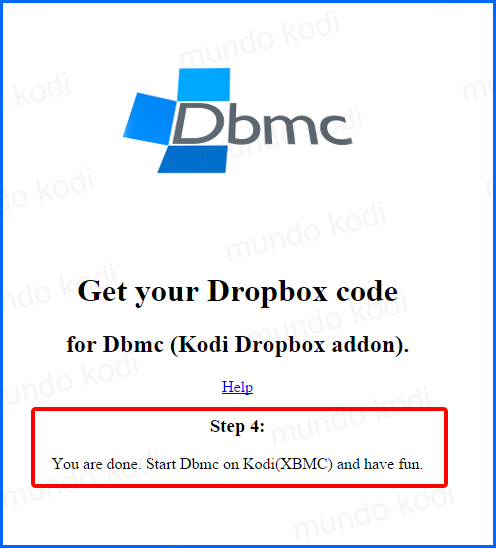 Dropbox en Kodi. paso 4 finish