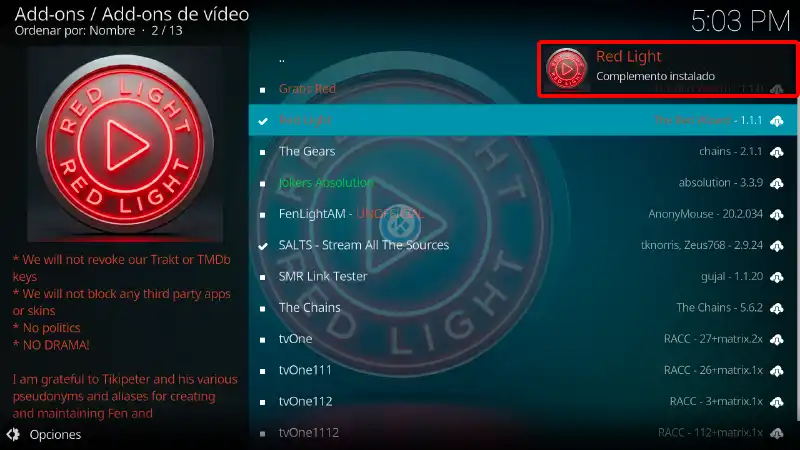 addon red light en Kodi