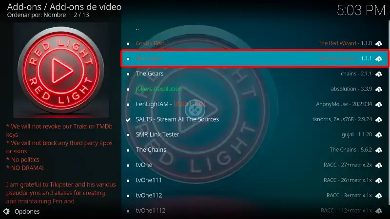 addon red light en Kodi