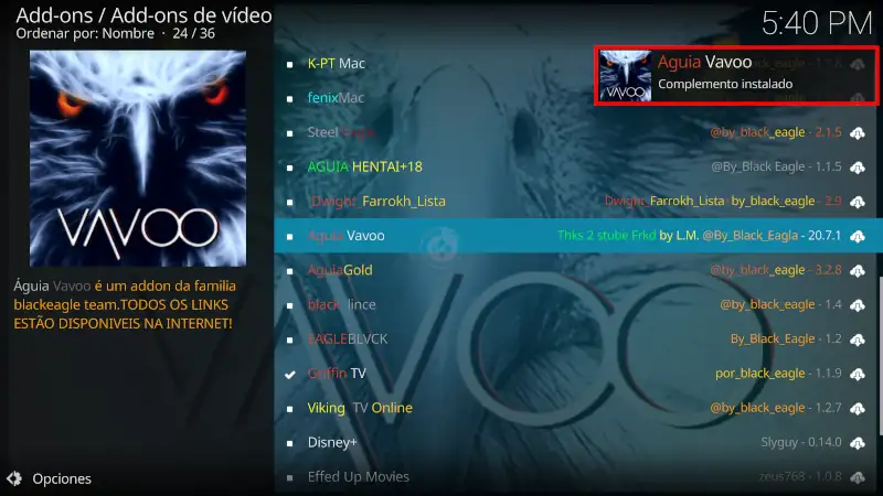addon águila vavoo en kodi