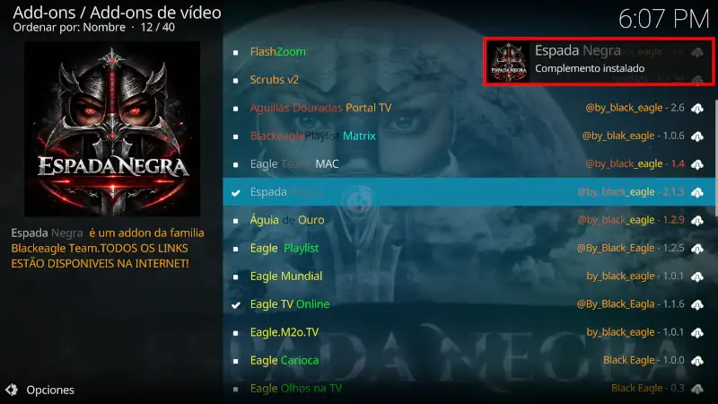 addon Espada Negra en Kodi