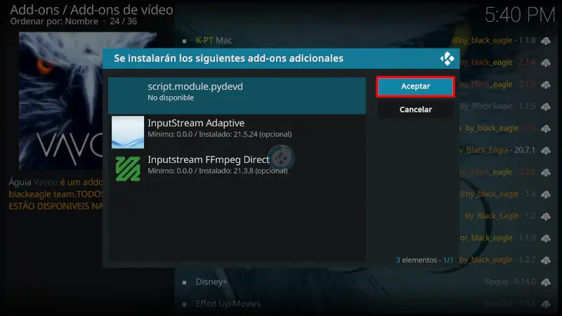 addon águila vavoo en kodi