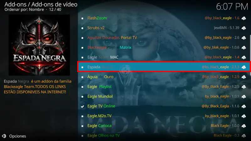 addon Espada Negra en Kodi