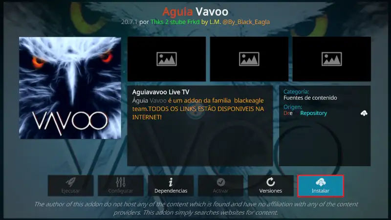 addon águila vavoo en kodi
