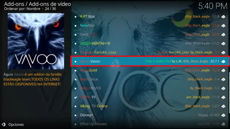 addon águila vavoo en kodi