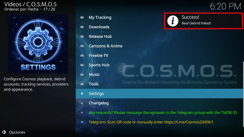 addon COSMOS en Kodi