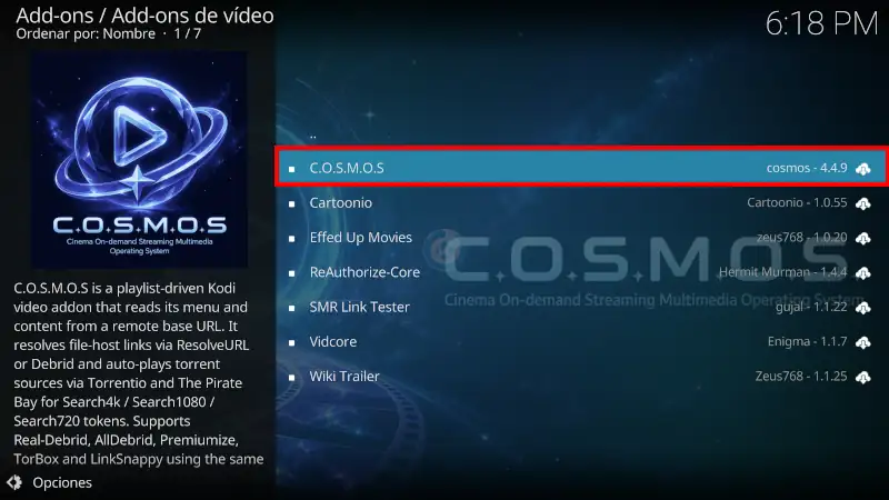 addon COSMOS en Kodi