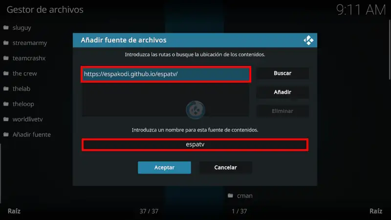 addon EspaTV en Kodi