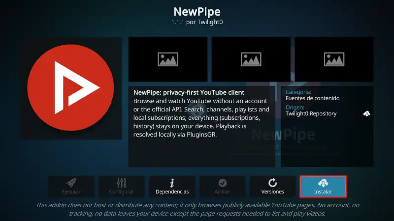 addon NewPipe en Kodi