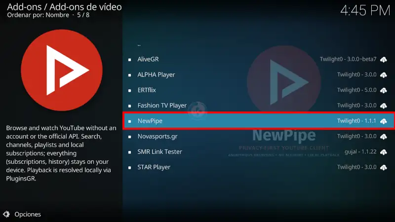 addon NewPipe en Kodi