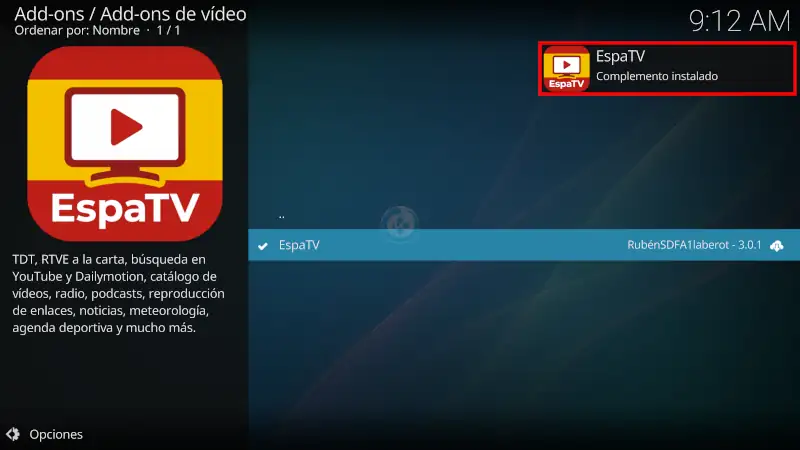 addon EspaTV en Kodi