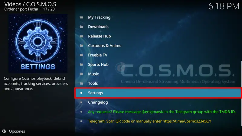 addon COSMOS en Kodi