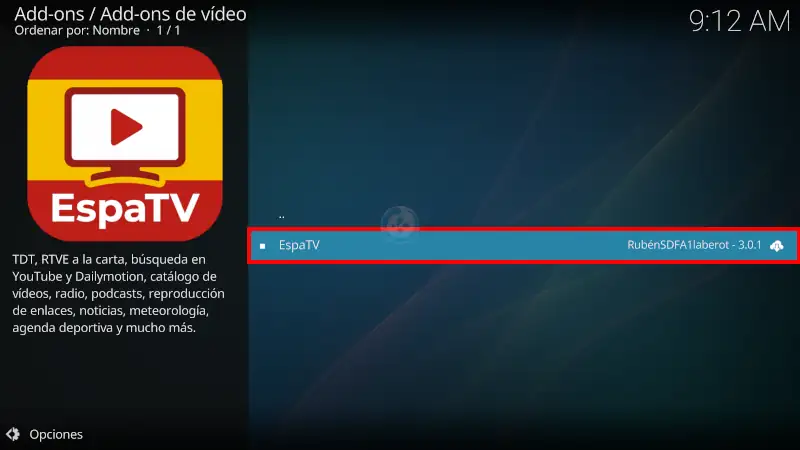 addon EspaTV en Kodi