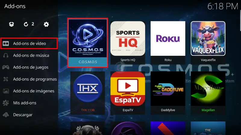 addon COSMOS en Kodi