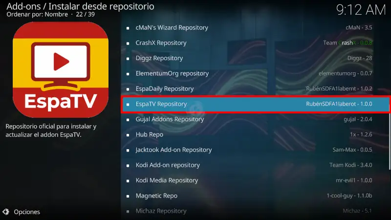 addon EspaTV en Kodi