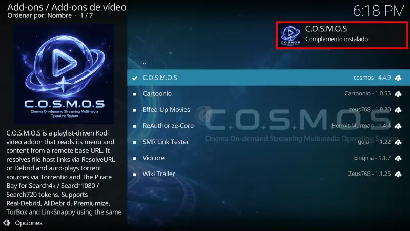 addon COSMOS en Kodi