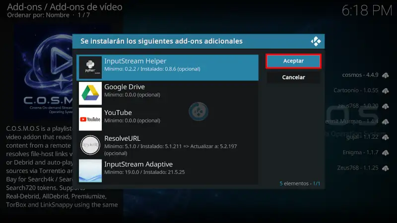 addon COSMOS en Kodi