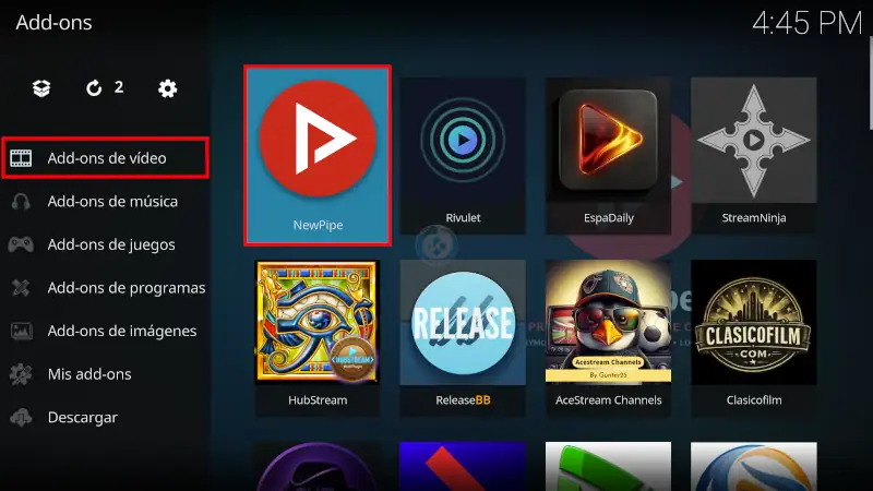 addon NewPipe en Kodi