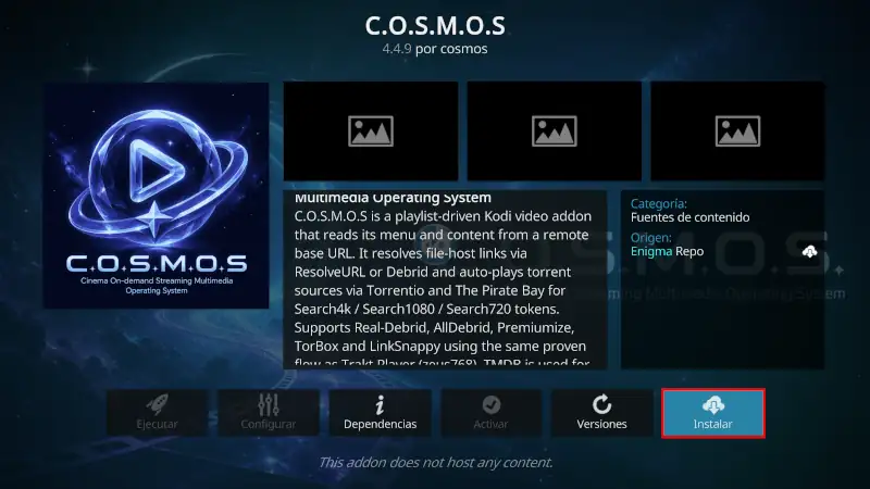 addon COSMOS en Kodi