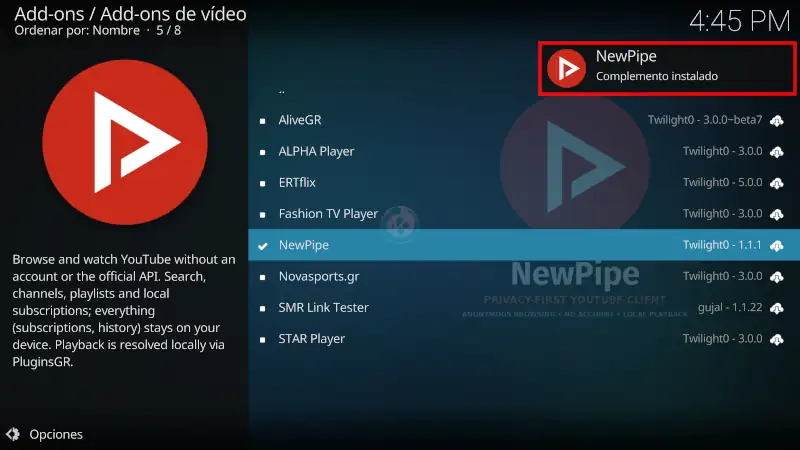 addon NewPipe en Kodi