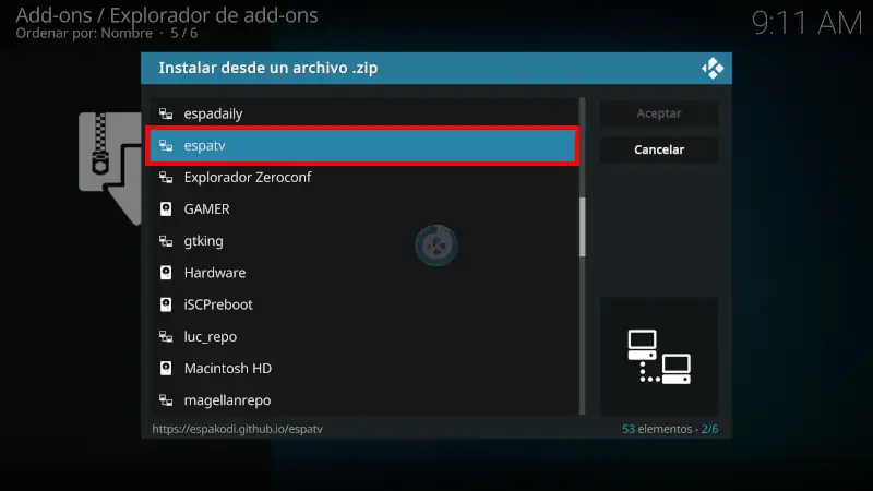 addon EspaTV en Kodi